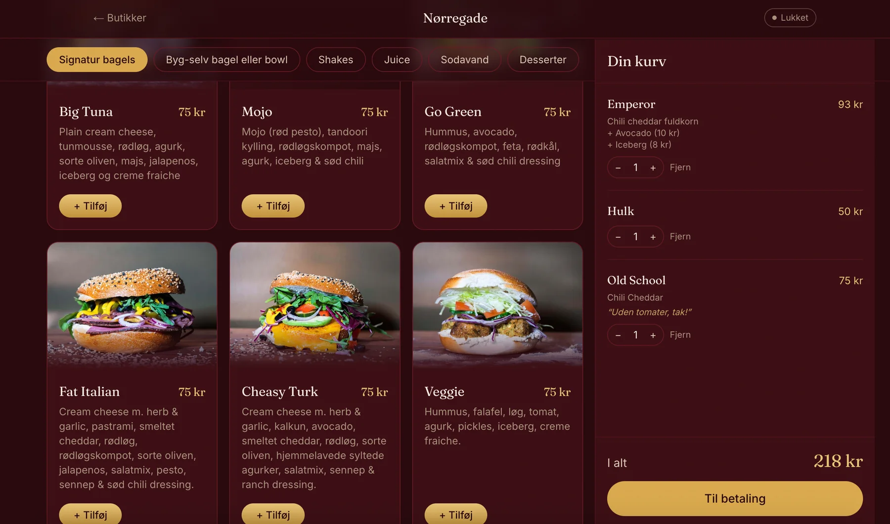 Bestillingssitet til Byens Bagel med menu, tilvalg og en kurv, der lægger prisen sammen.